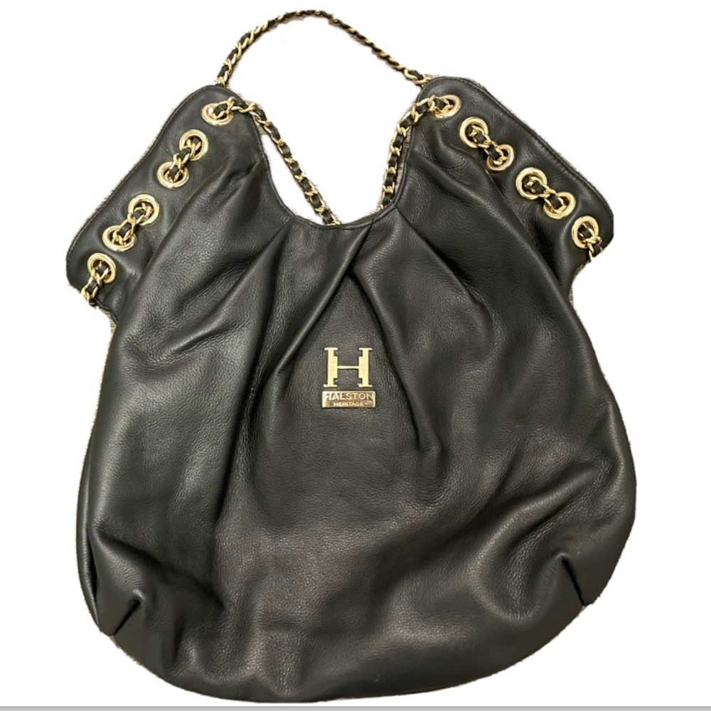 Halston Heritage Black Shoulder Bag with Gold Chain Handle EUC